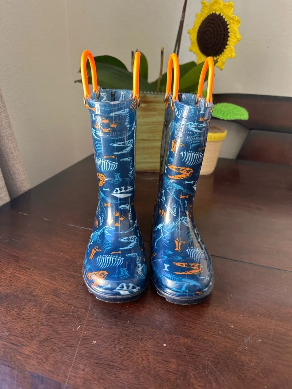 Western Chief Navy & Orange Dino-Print Kids Rain Boots